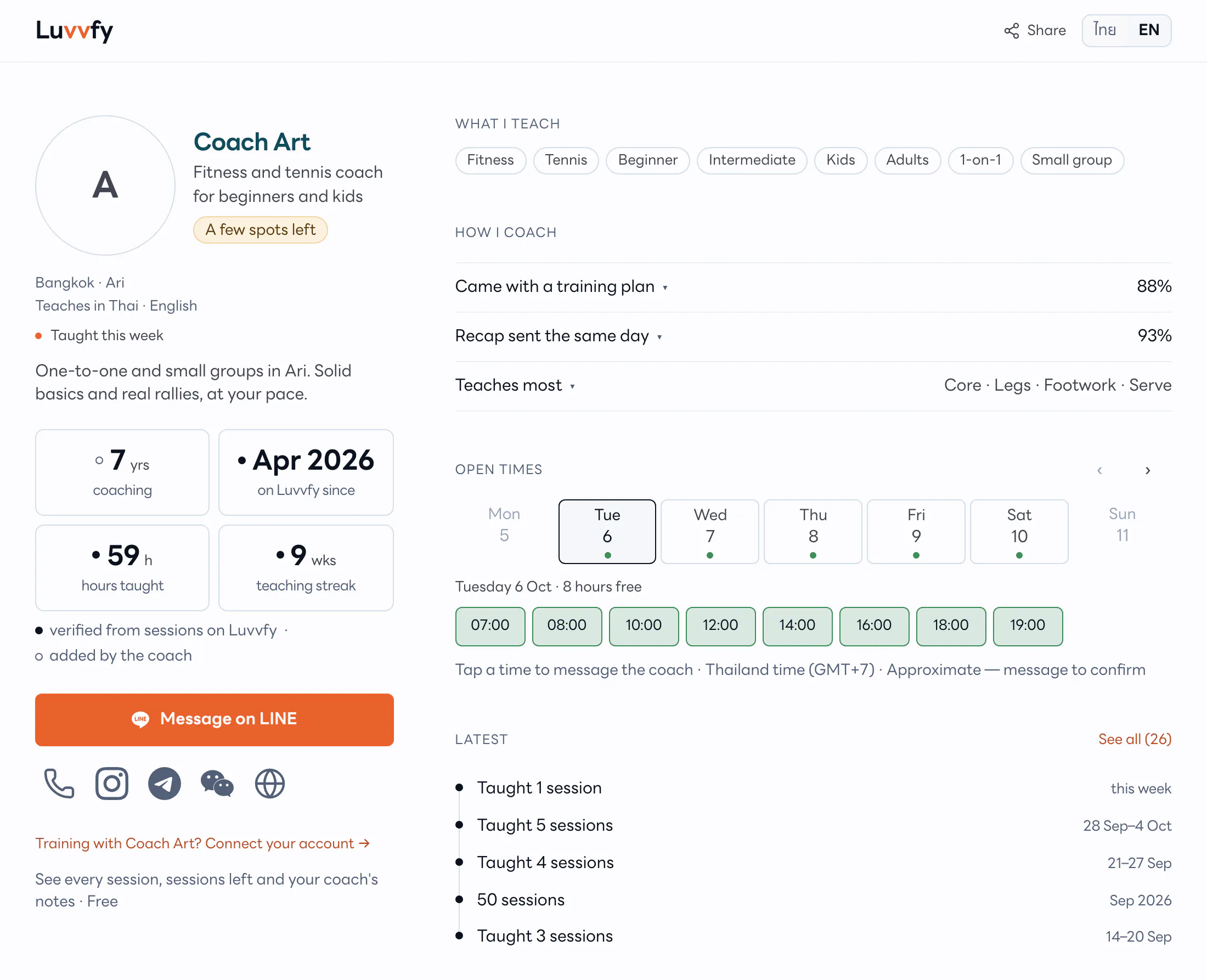 A coach's public profile on Luvvfy