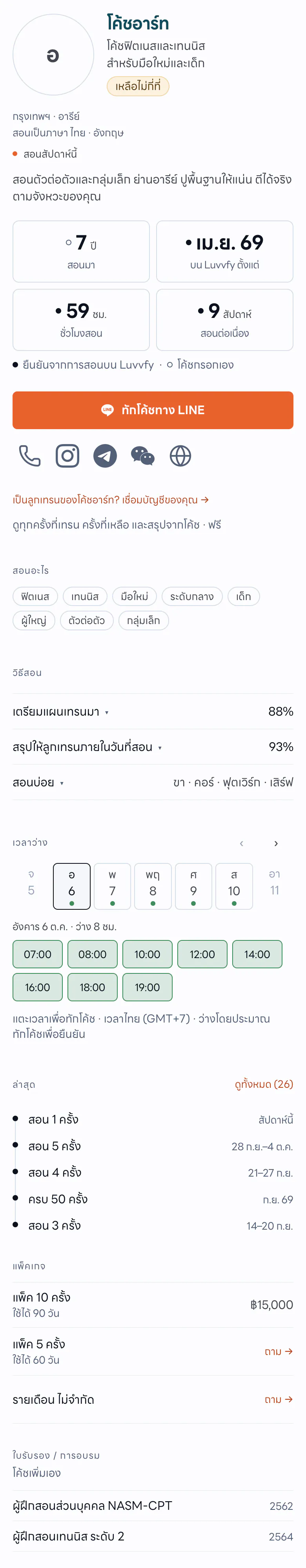 ตัวอย่างโปรไฟล์โค้ชบนมือถือ — ตัวเลข ปุ่มทัก วิธีสอน เวลาว่าง และล่าสุด